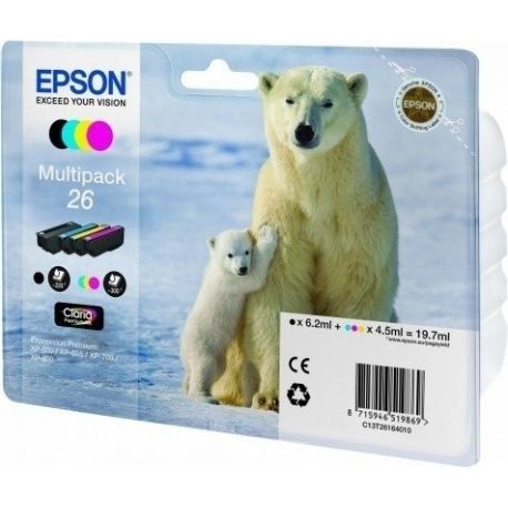 Cartouche Epson 26 - Pack de 4 - Noire et Couleurs 19ML Cartouche Epson 26 - Pack de 4 - Noire et Couleurs 19ML